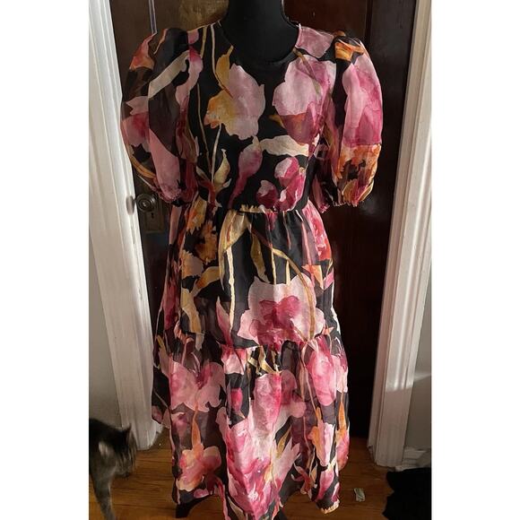 Anthropologie Puff-Sleeve Organza Midi Dress MEDIUM Silk Floral No Under Dress - Picture 1 of 9